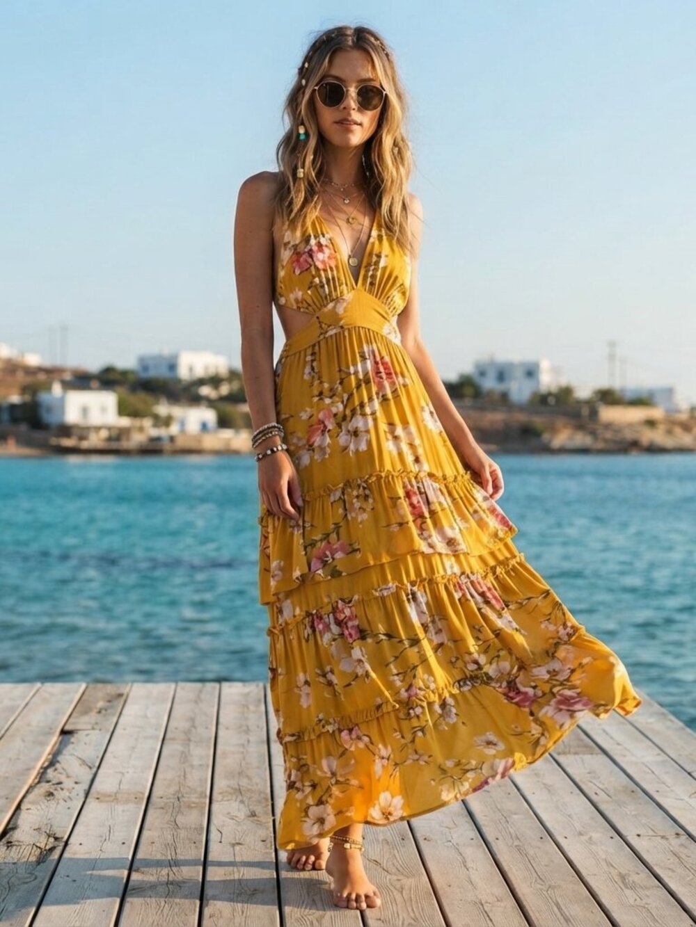 Blue Life Yellow Floral Tiered Maxi Dress Cutout Strappy Boho Vacation Size S